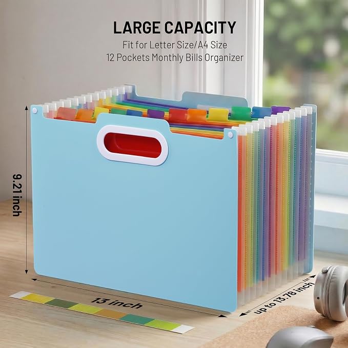 Comix Expanding File Folder,13 Pockets Accordion File Organizer, Blue | Letter/A4 Size Document Organizer, For Home Office School