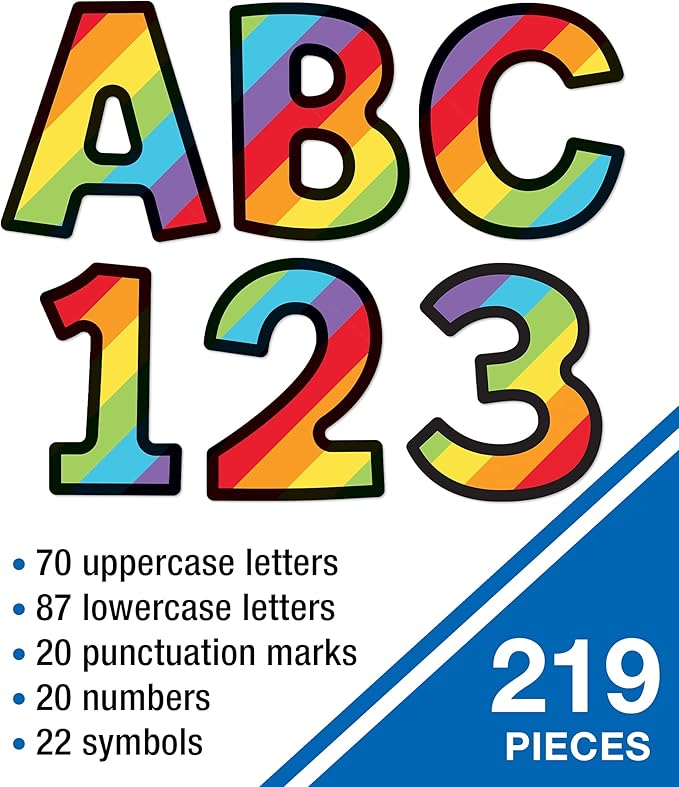 Carson Dellosa 219-Piece Rainbow Cutout Letters, 4" Colorful Upper and Lowercase Alphabet, Numbers, Punctuation, and Symbols for Bulletin Board, Posterboard, Party, and Classroom Decor