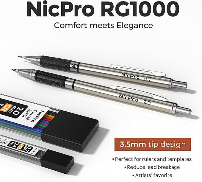 Nicpro 6PCS Art Mechanical Pencil Set, 3PCS Metal Drawing Pencil 0.5 mm & 0.7 mm & 0.9 mm & 3PCS 2mm Graphite Lead Pencil (4B 2B HB 2H) For Student Artist Writing, Sketching Drafting
