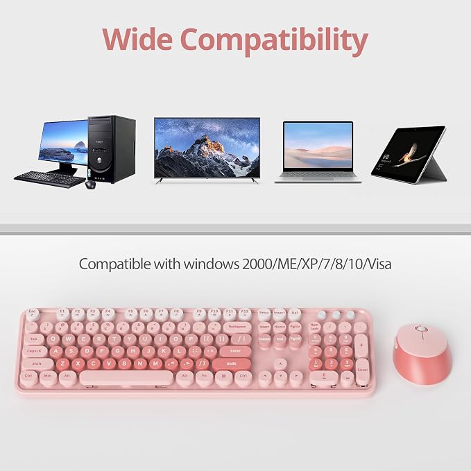 Wireless Keyboard Mouse, SbocKeeb Retro Typewriter Cute Keyboard Pink | 1600DPI Full Size With Number Pad & Mouse,Compatible With All Windows,Ideal For Computer, PC, Notebook, Laptop