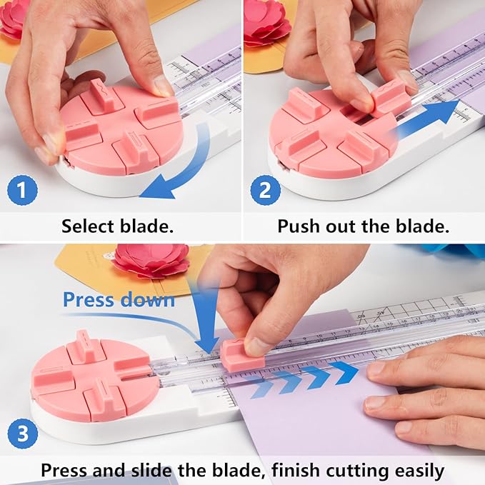 Ecraft Pink Paper Cutter 4-in-1 Paper Trimmer Multi-Function Scrapbooking Tool with Straight, Wave, Perforated & Creasing Blades for Craft Paper,Cardstock, Coupon, Label, Photo,Postcard