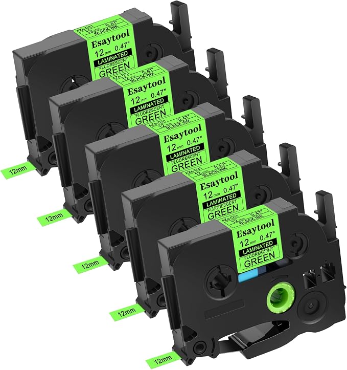 5 Pack Esaytool Replacement for P-Touch TZe-D31 12mm Black on Green | TZeD31 TZD31 0.47'' x 16.4' Fluorescent Laminated Label Tape for PT-H110 PT-D210 PT-D600 PT-P710BT PT-D400AD PT-D450 Maker