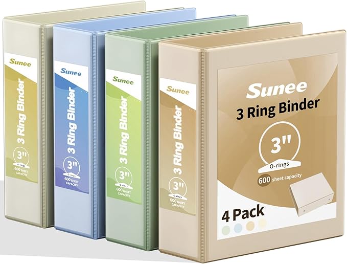 SUNEE 3 Ring Binder 3 Inch 4 Pack, Clear View Binder Three Ring PVC-Free (Fit 8.5x11 Inches) for School or Office Supplies, Neutral Aesthetic