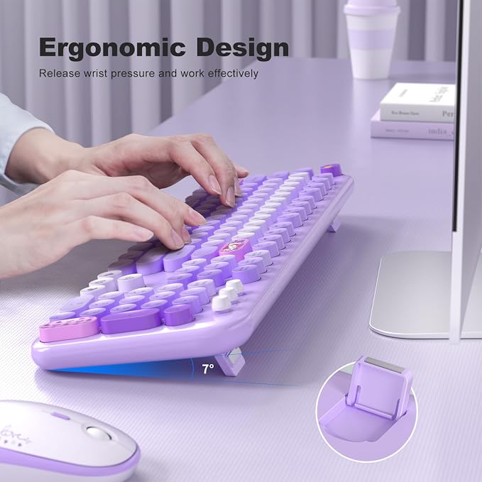 MOFII Wireless Keyboard and Mouse Combo, Cute Retro Typewriter Keyboard and Silent Mouse, 2.4GHz Full Size Computer Keyboard Wireless Mouse Set for PC, Laptop, Desktop, Windows (Purple Colorful)