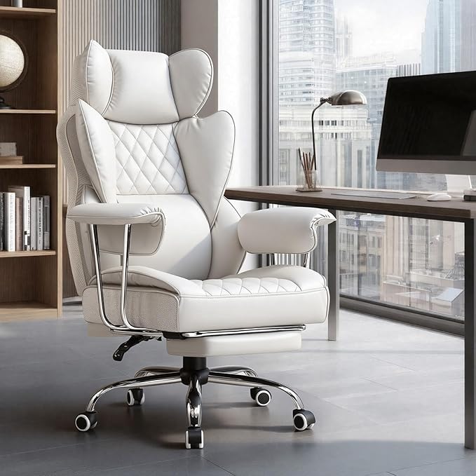 GTPLAYER Gaming Chair,Office Chair with Pocket Spring Lumbar Support, Ergonomic Comfortable Wide Office Desk Computer Chair with Outward Fixed Soft Armrests and Footrest,(PU Leather, White)