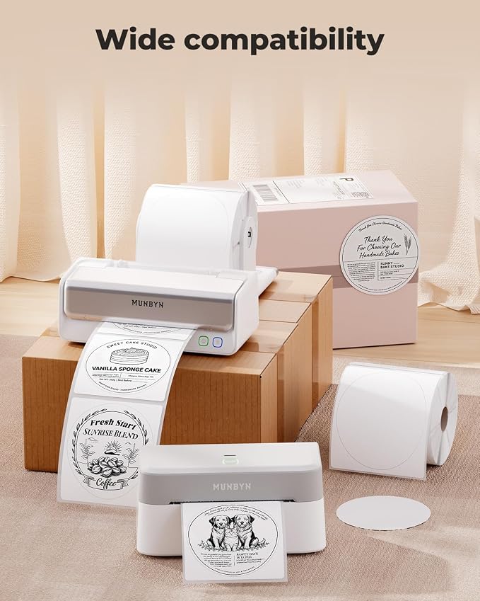 MUNBYN 4 Inch White Circle Thermal Labels for Business, 500 Sheets/1 Roll | Circle Thermal Labels, No BPA and BPS, Durable Adhesive, Print Clear and Sharp