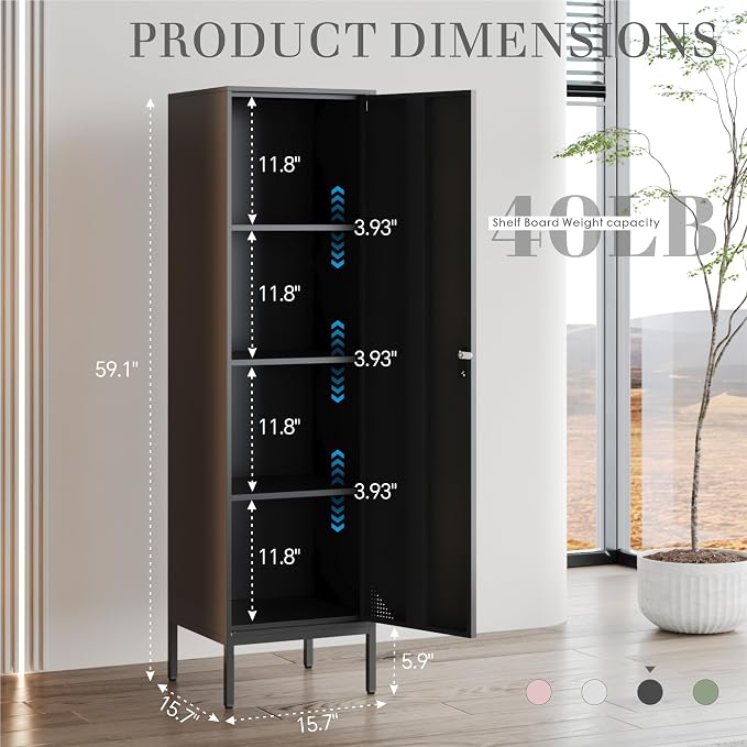 Black Metal Locker Cabinet, 59.1" Lockable Storage Locker for Employees with Adjustable Shelves, Locking File Cabinet Door for Office, School, Gym, Garage
