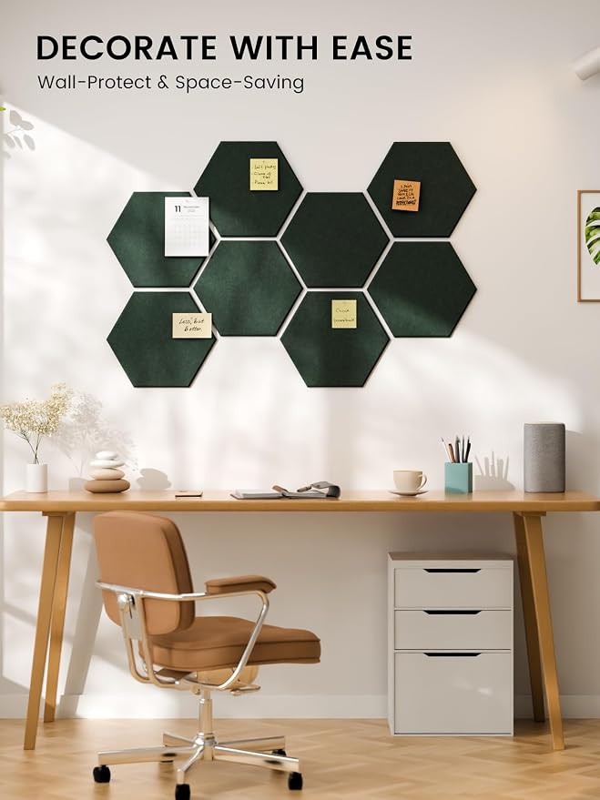 Fluxynara 8-Pack Hexagon Felt Bulletin Board Tiles, Pine Green-1 | Cork Board Alternative with 50 Adhesive Tabs for Notes, Photos and Reminders in Home Offices, Dorm and Classrooms