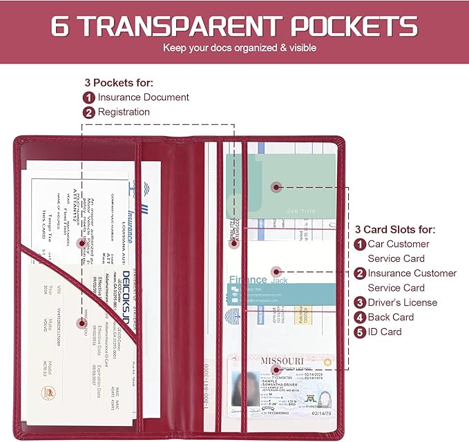 JUSTTOP 1Pack Car Registration and Insurance Holder,Car Document Holder for Cards License with Magnetic Shut,Vehicle Glove Box Car Organizer for Documents, Cards, License(Rose red)