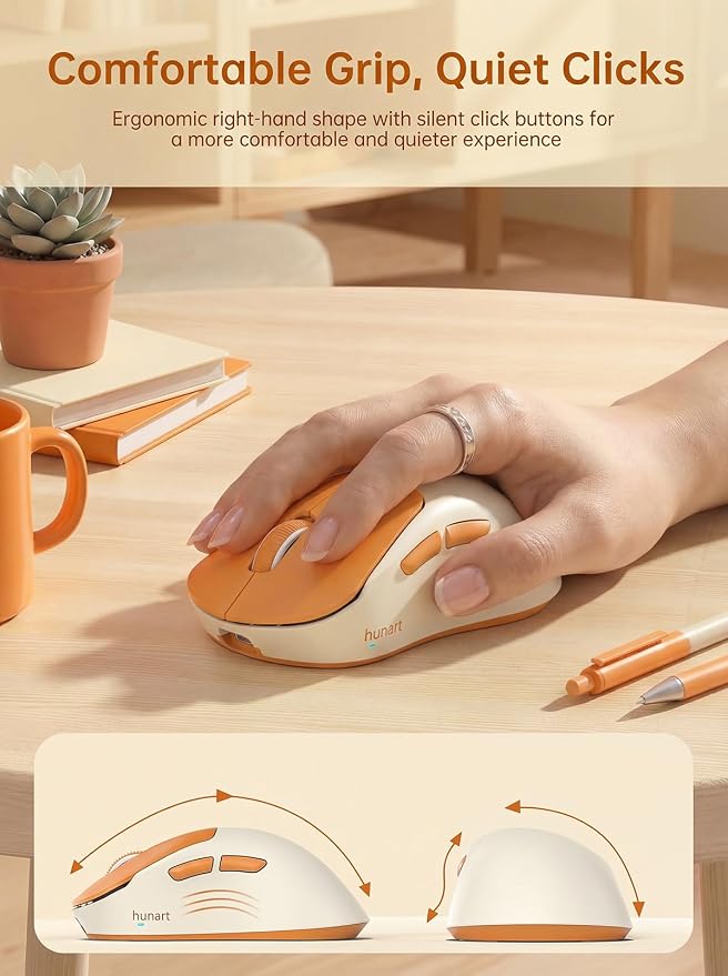hunart H6 49g Wireless Mouse, Bluetooth & 2.4GHz, Rechargeable, Orange | Silent Clicks, USB-C Charging, Two Ways to Connect, Lightweight Right-Hand Ergonomic Comfort, For Laptop, MacBook, Office PC