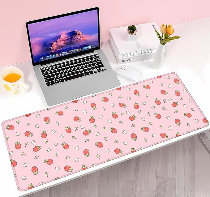 Pink Cute Desk Mat, Strawberries Mouse Pad XL, Aesthetic Hearts Desk Pad, Pastel Kawaii Deskmat, Laptop Office Gaming Computer Home Mice Mat Mousepad Stylish Office Gift, 31.5 X 11.8 Inch