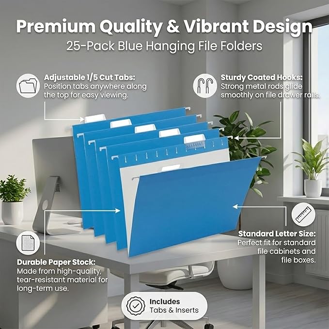 25 Pack Hanging File Folders Letter Size,Blue Reliable Hanging Folders for Filing Cabinet,Reinforced Rods for Smooth Gliding,Includes 1/5 Adjustable Tabs & Inserts,Ideal for Home & Office