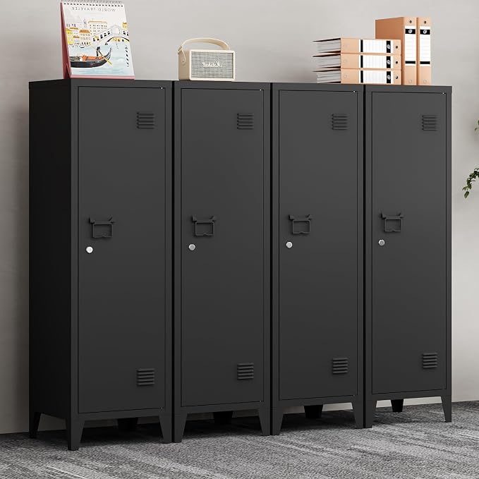 Locker Cabinet, 50" Black Small Metal Locker Storage Cabinet for Employees with Locking Door and 2 Shelves Kids Locker Tool File Cabinets for Bedroom, Home Office, Garage, Bathroom