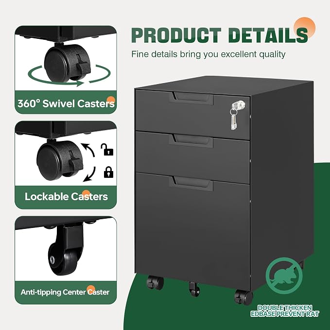 3 Drawer Mobile File Cabinet with Lock,Under Desk Metal Small Filing Cabinets for Home Office Organizer Letters/Legal/A4(Fully Assembled Except Wheels-Black)