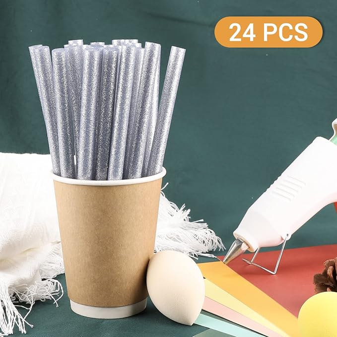 Glitter Silver Hot Melt Glue Stick, Manarty 24 PCS 0.43 Dia x 8" Long Fbric Glue Sticks for DLY, Adhesive Hot Melt Gluing Sticks for Crafting, Woodworking, Decoration, Bonding Repair, Wax Sealing