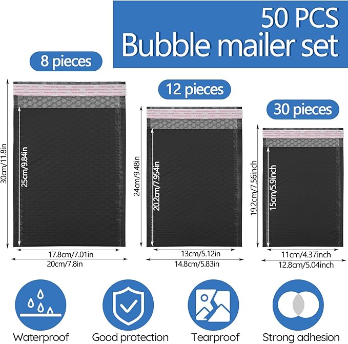 50 Pcs Black Bubble Mailers, Poly Padded Envelopes, Waterproof Self Seal Adhesive Shipping Bags, Bubble Envelopes for Mailing Shipping Packing Small Business
