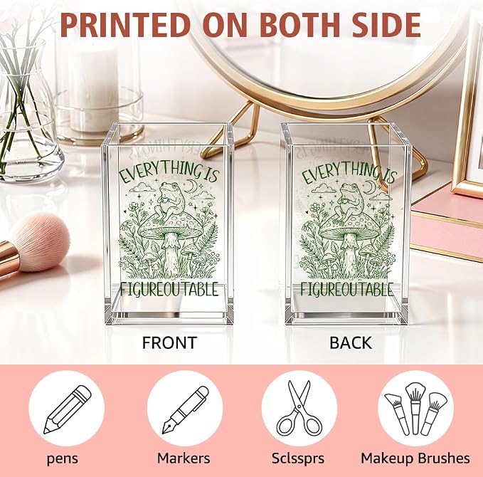 Everything Is Figureoutable Acrylic Pen Holder Cup Gifts For Women | Motivational Frog Gifts for Coworker Friend Frog Lover, Inspirational Home Office Desk Organizer for Boss Teacher Student