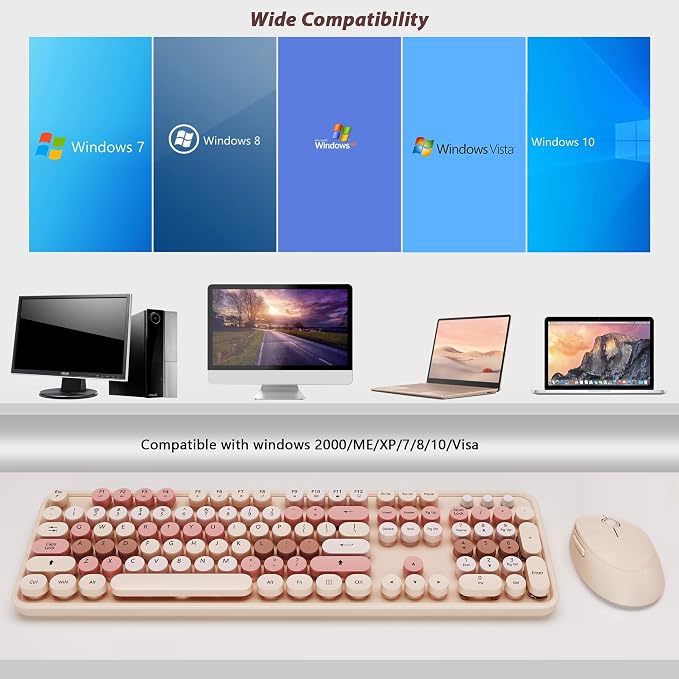 Wireless Keyboard and Mouse Cute Retro Typewriter for PC | Full Size With Number Pad & Mouse,Compatible With All Windows,Ideal For Windows,1600DPI,Computer, PC, Notebook, Laptop
