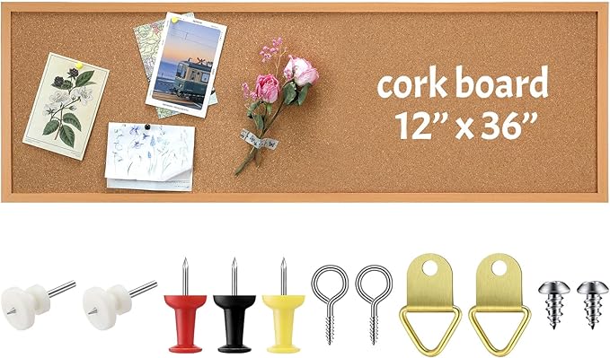 12'' x 36'' Cork Bulletin Board Framed Large Wall Mounted Corkboard with Installation Kit, Push Pins for Home and Office Decor, School Message or Vision Background(Brown)