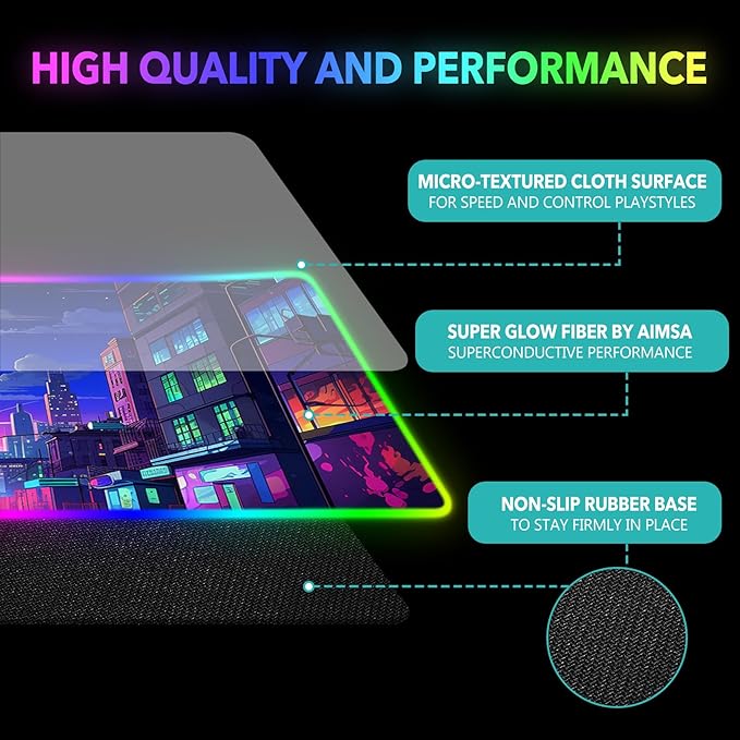 AIMSA RGB Gaming Mouse Pad, Large Mousepad with 14 Led Light Modes, Keyboard Pad Gaming Accessories for Desk, Non-Slip Rubber Base Mouse Mat for Gamer, Modern Urban Night Scene