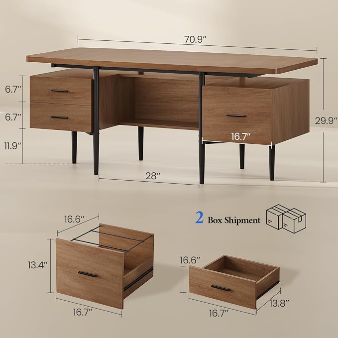 70.9" W x 27.6" D Modern Executive Desk, Wooden Computer Desk with 2 Drawers and File Drawer, Privacy Panel & Open Storage Shelf, Large Home Office Writing Desk for Living Room