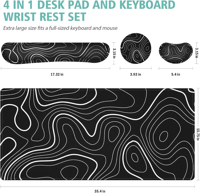 4 in 1 Large Mouse Pad,Keyboard Wrist Rest Set,Desk Mat with Stitched Edges Thicken Desk Pad,Wrist Support for Keyboard and Mouse,Desk Mat for Home Office Game(Black Marble)