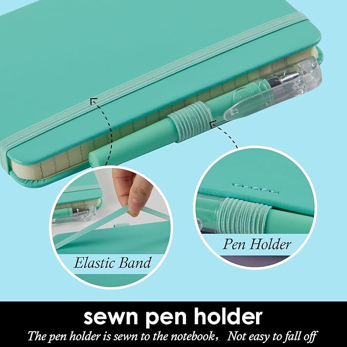 3 Pack Small Pocket Journal Notebook 3.7" x 5.7" with Pen, A6 Mini Cute Notepad for Women/Men, 408 Pages, 100Gsm Lined Paper Note Pads, Leather, Green