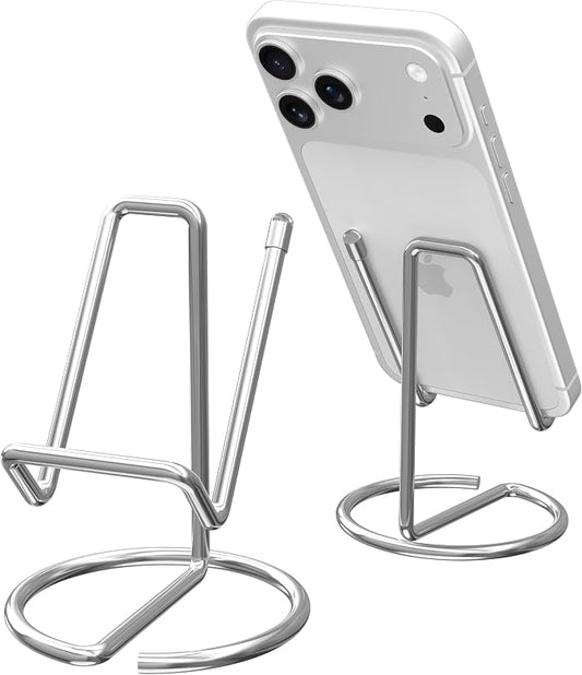 Metal Cell Phone Stand for Desk, Cute One-Piece Phone Holder, Stable Desktop Display Dock for iPhone, iPad, Samsung, Tablets & All Mobile Phones, Silver