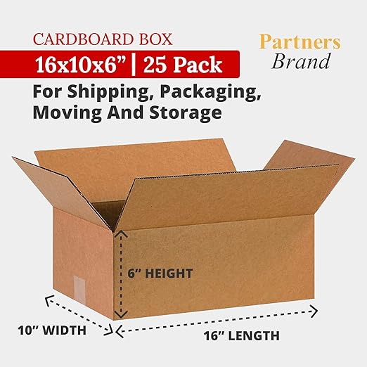 PARTNERS BRAND 16 x 10 x 6 Corrugated Cardboard Boxes, Medium 16"L x 10"W x 6"H, Pack of 25 | Shipping, Packaging, Moving, Storage Box for Home or Business, Strong Wholesale Bulk Boxes