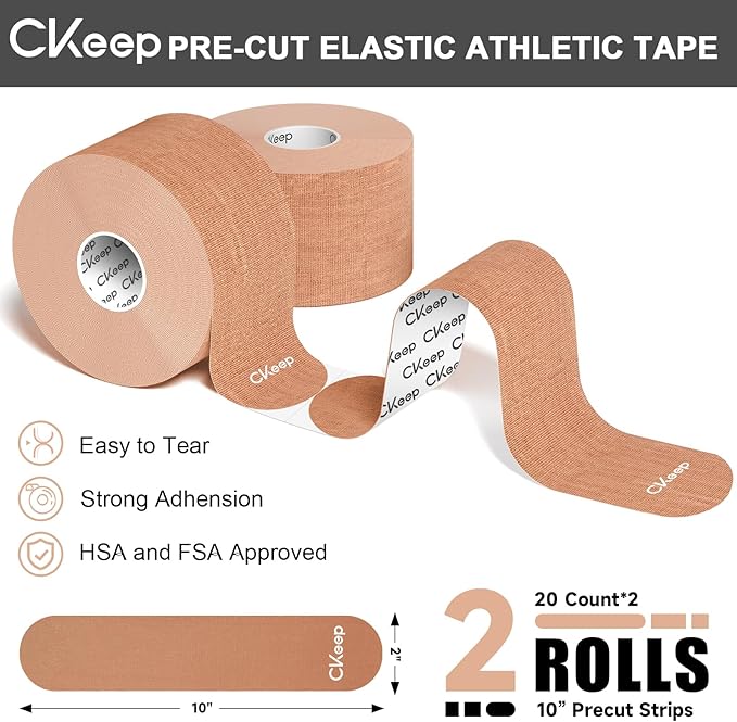 CKeep Kinesiology Tape, 2 Rolls Cotton Latex Free Hypoallergenic Elastic Precut Strips, 2 Inch Wide Waterproof Athletic Tape for Knees Pain Injuries Sprains, Beige