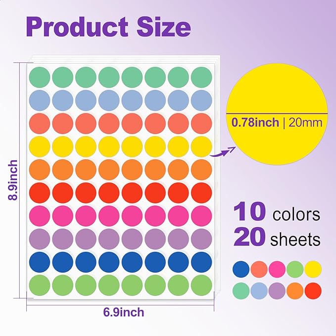 1600Pcs 3/4 inch Colored Dot Stickers Round Color Coding Labels Polka Circle Dot Label Sticker for Office, 10 Colors Micro-Coloring Stickers for Labels, Posters, Calendars, Set of Colored Dots