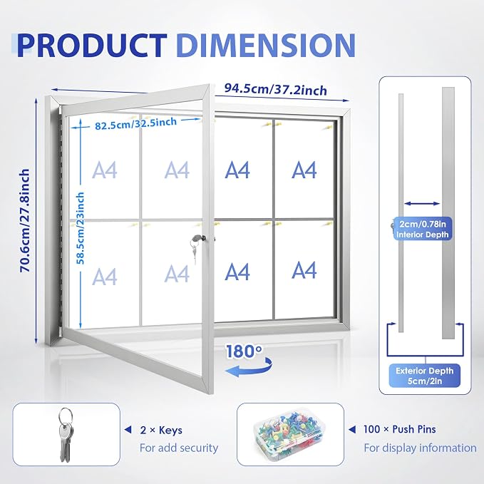 SWANCROWN 37x28 in Outdoor Enclosed Bulletin Board Grey Felt Notice Board | Locking, Weatherproof, Wall Display Case, Silver Aluminum Frame, Message center for Office School Business Community
