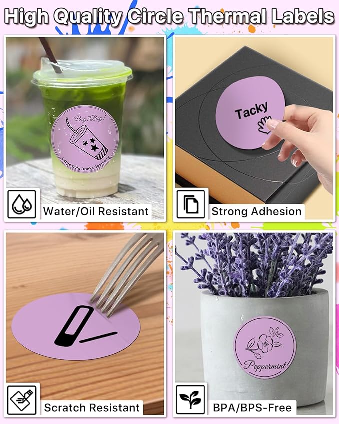 3 Inch (76.2mm x 76.2mm) Round Thermal Printer Label Stickers Self-Adhesive Circle Convenient Multi-Purpose Blank 3" Sticker Roll for Family Classification, Gift Sealing, Purple (500Pcs)