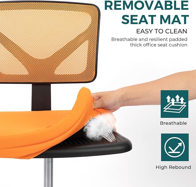 DUMOS Armless Desk Chairs, Small Home Office Mesh Chairs | Ergonomic Adjustable Mid Back, Swivel Rolling Task, Computer Work Vanity Small Spaces, Orange