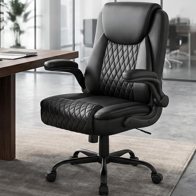GTPOFFICE Executive Office Chair with Comfortable Lumbar Support, Ergonomic Gaming Chair with Flip-up Armrests & Zoned Pressure-Relief Cushion, Comfy PU Leather Desk Chair, Black