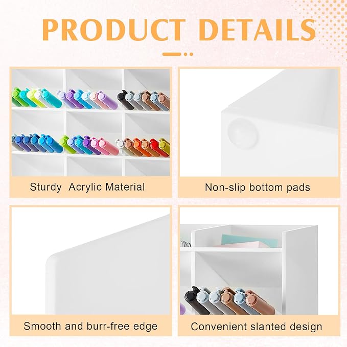 MotiMind Acrylic Pen Organizer Storage for 150 Markers Vertical Marker Organizer Acrylic Pen Display Holder for Office Desk Desktop Stationery Pencil Storage, White, 10.2 x 4 x 9.8 Inch