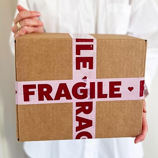 Fragile Packing Tape with Pink Dispenser – Pink & Burgundy Heart Design, 1.88" x 22.2 Yards – Packaging Tape for Moving Boxes, Small Business, and Mailers