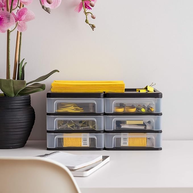 IRIS USA 2-Pack, 3-Drawer Small Plastic Stacking Desktop Organizer, Black | Keep dorm desks tidy with drawers for school supplies, makeup, chargers, snacks and everyday college essentials