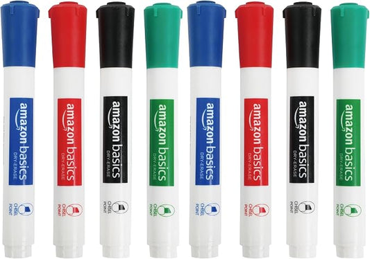 Amazon Basics Low-Odor Dry Erase Whiteboard Markers, Chisel Tip, Quick-Dry, Black, Red, Green, Blue, 8-Pack