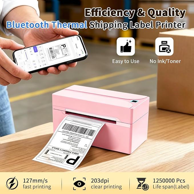 Bluetooth Thermal Label Printer,4x6 Shipping Label Printer | Wireless Label Printer for Small Business and Shipping Package, Compatible with iPhone, Android, Shopify, Amazon, USPS, Pink