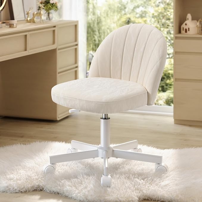 SONGMICS Office Chair, Swivel Makeup Vanity Desk Chair, Height Adjustable, Foam Padded, for Home Office, Bedroom, Dressing Room, Unique PU Leather, Cream White UOBG027W101