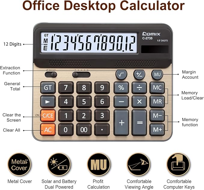 Comix Desktop Calculator, 12 Digits Large Desk Calculator, Gold, 2 Pack | Solar Battery Dual Power, 5 Inch Large LCD Display, Computer Keys, 4 Function Basic Calculator Office Business Home Use