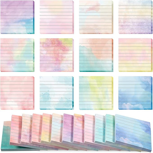 720 Pieces 12 Pads Watercolor Sticky Note Pads 3 x 3 Inch Lined Sticky Notes Watercolor Self Stick Notes with Lines Memo Pads Colorful for School Office Desktop Stationery Students Writing Supplies