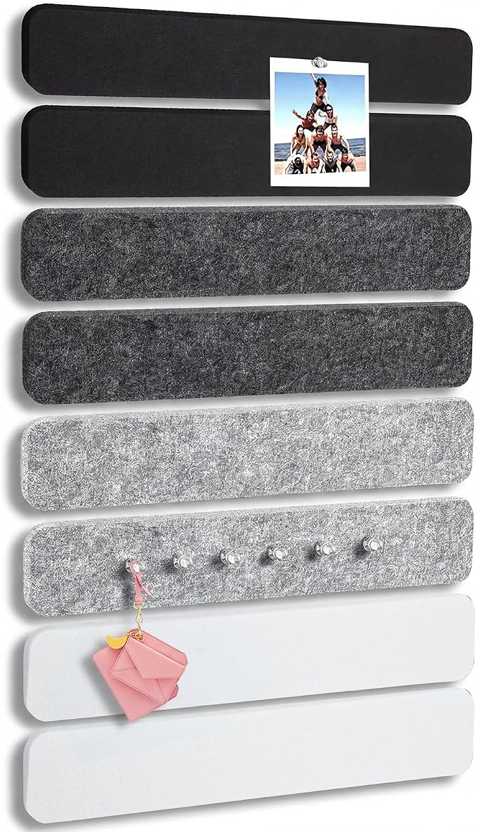 8 Pack Felt Bulletin Board Strips, 13x2 Inch Pin Board, Cork Boards | Self Adhesive, Includes 50 Pushpins and 10 Wooden Clips Push Pins, for Walls Home School Office Decor (Black White Gray)