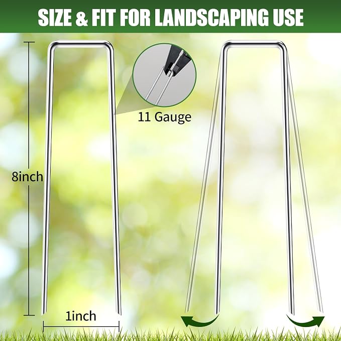 HOOPLE 100 Pack 8 Inch Landscape Staples 11 Gauge Heavy Duty Galvanized Garden Stakes, Sod Pins for Weed Barrier Fabric, Artificial Turf, Drip Irrigation, Lawn Edging & Ground Cover