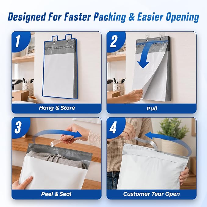 Fuxury Poly Mailers 12x15.5 50PC (Upgraded Version) Shipping Bags for Clothing with Easy-Open Tear Strip & Hangable for Easy Use, Self-Seal Shipping Envelopes Mailing Bags for Small Business in White