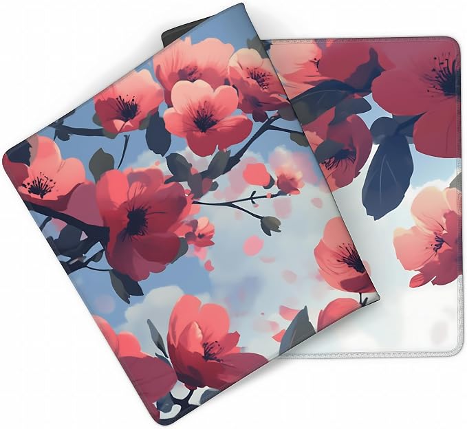 Cute Floral Aesthetic Cherry Gaming Mouse Pad, Blue Pink Anime Desk Mat with Anti-Slip Base & Stitched Edges, Office Supplies & Desk Decor for Women, 35.4" x 15.7" in Home Office Essentials