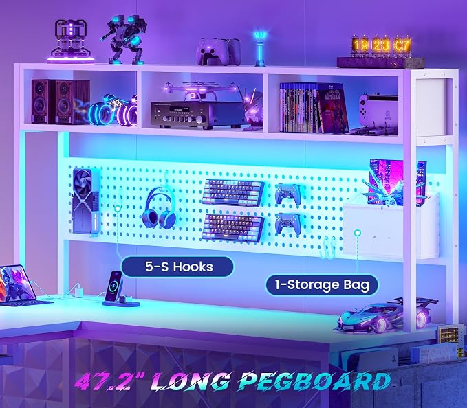 SEDETA White L Shaped Gaming Desk with Hutch, Power Outlet and Pegboard | Reversible 94.5" Computer Desk Two Person Desk, Corner Desk with Storage Shelf Keyboard Tray and LED Lights for Home Office