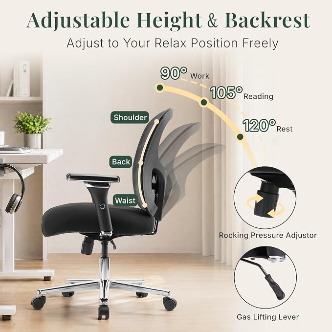 DUMOS Big and Tall Office Desk Chair, Ergonomic Mesh Computer Chair | Comfortable Lumbar Support, 4D Armrest, 500lbs Heavy Duty, Wide Seat, 360° Swivel Rolling Wheels, Adult, Ink