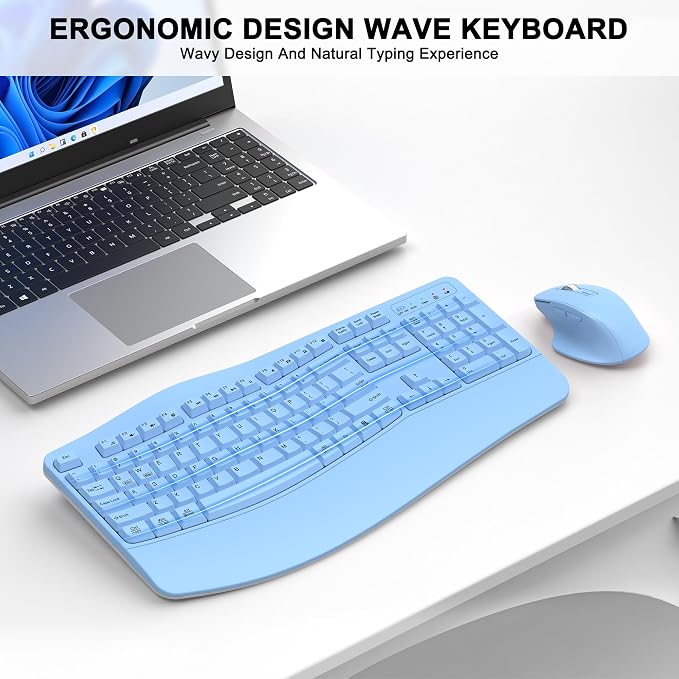Wireless Keyboard and Mouse Combo, 2.4G Ergonomic Wave Keys(Sky Blue) | Full Size Wave Keyboard with Wrist Rest, 3-Level DPI Adjustable Ergonomic Mouse for Windows and Mac OS Desktop/Laptop/PC